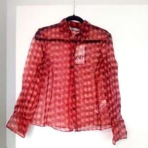 NWT Zara Women's Orange Tulle Button down Top Medium